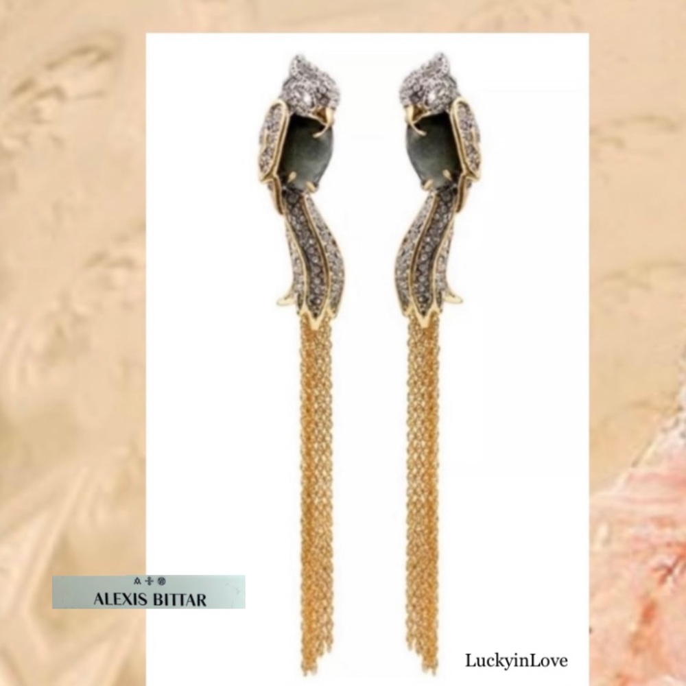 ALEXIS BITTAR • NEW Love Birds Crystal Grey Labradorite Tassel Clip Earrings